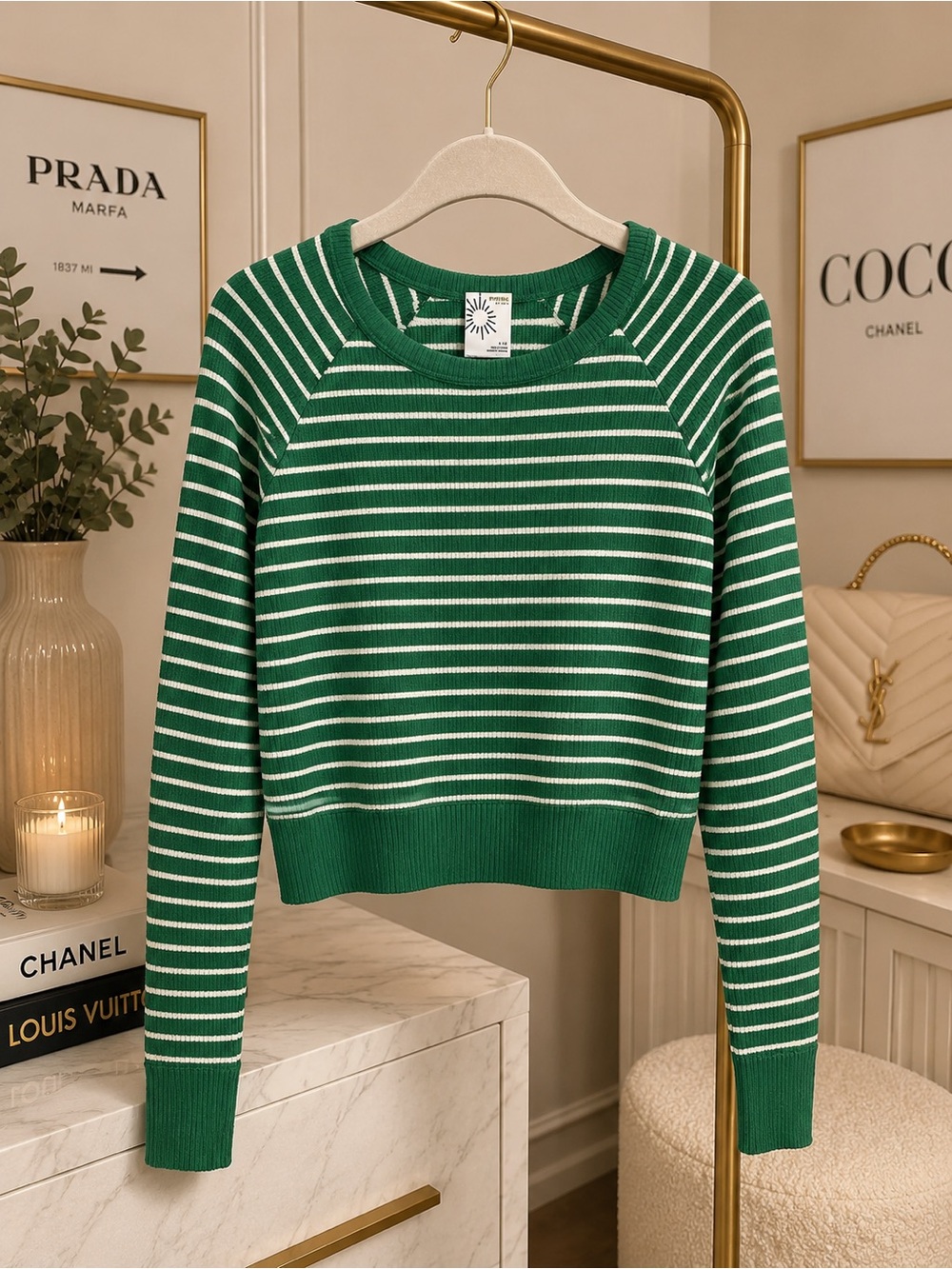 American Eagle Outfitters Green and White Striped Long Sleeve waffle knit shirt